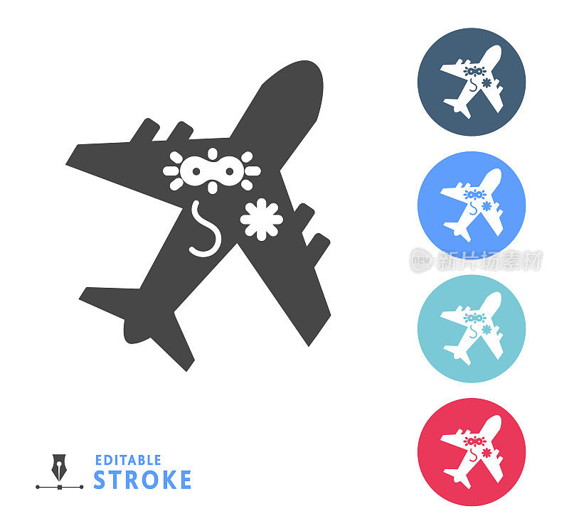 感冒和流感病毒飞机或旅行感染图标- 100%固体黑色填充